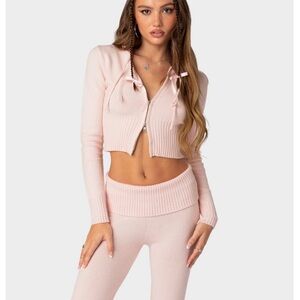 Edikted Desiree Knitted Hooded Cardigan and Low Rise Fold Over Pants Set